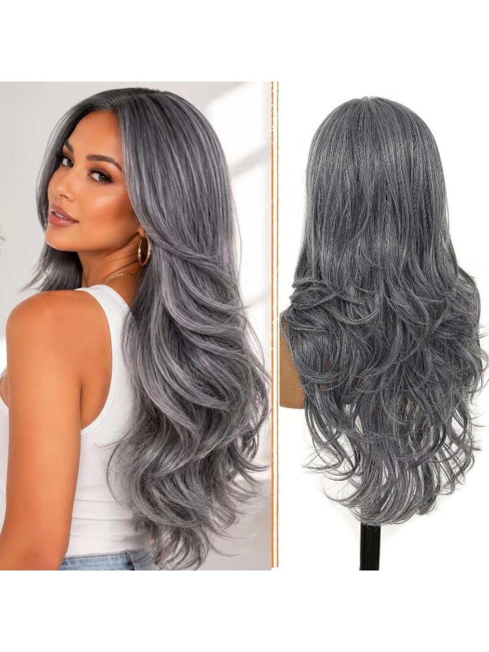 Women's Grey Heat Resistant Synthetic Layered Modern Long Wavy Wigs